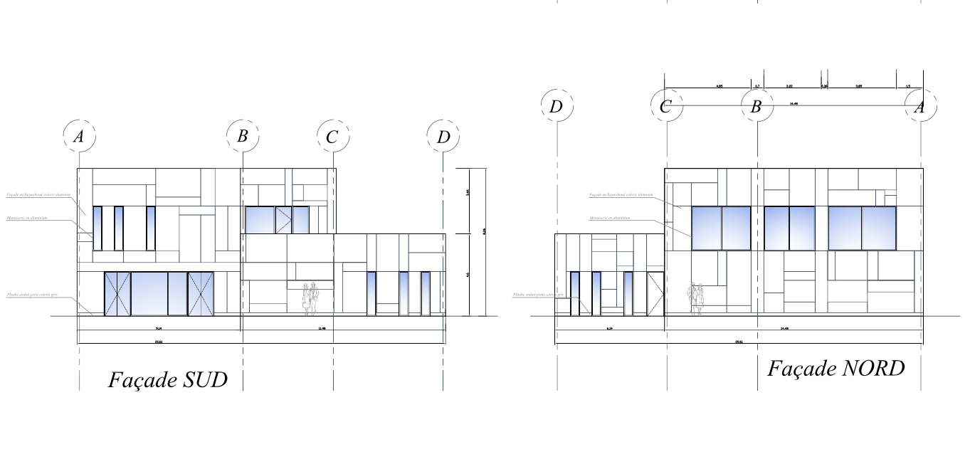 Plan d'architecte, élevation des façades d'un projet de Maison de Quartier à Juvisy-sur-Orge